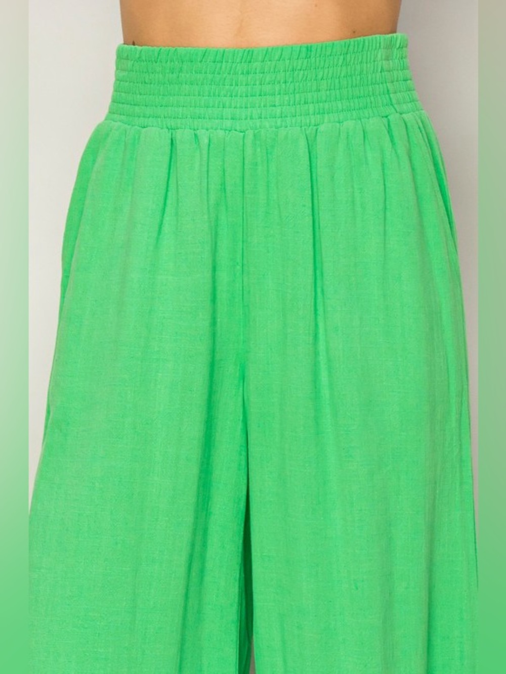 Linen Blend Wide Leg Pants High Rise Smocked Waist Kelly Green L - Picture 2 of 6